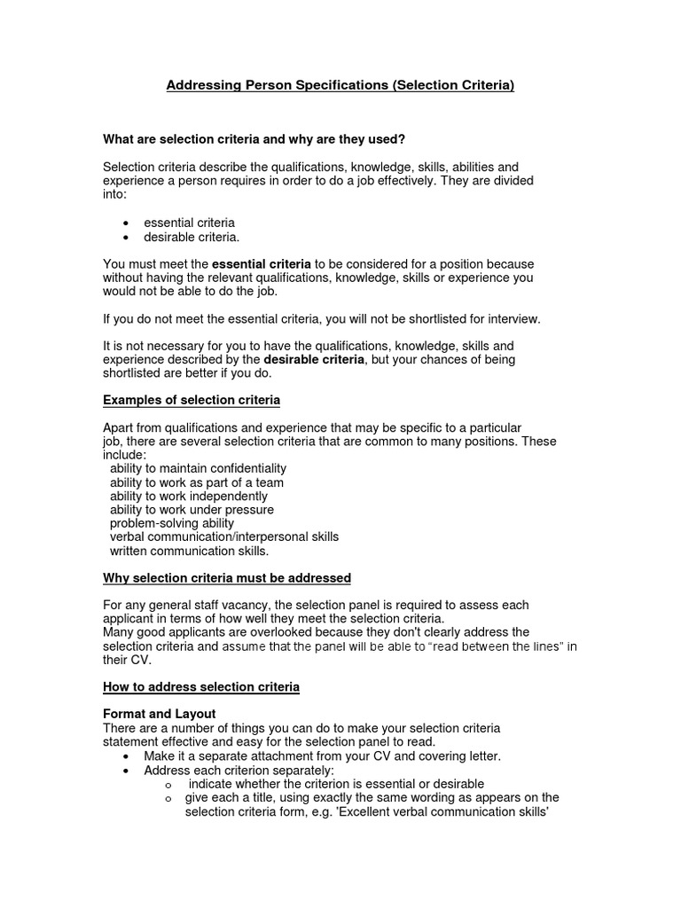 selection criteria examples nursing selection criteria examples administration